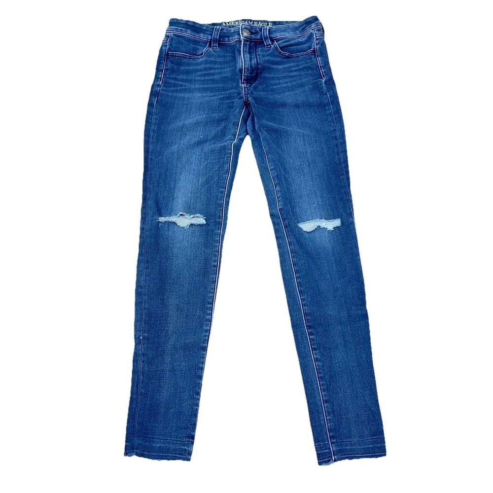 American Eagle Jeans Women 2 High Rise Jegging Super Stretch Ladies Ripped Holes